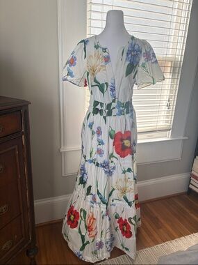 Anthropologie White Maxi Dress with Red & Blue Floral Print